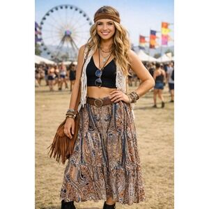 Midi Tiered Skirt XL Peasant Festival‎ Forest Fairy Boho Whimsical 90s Y2K